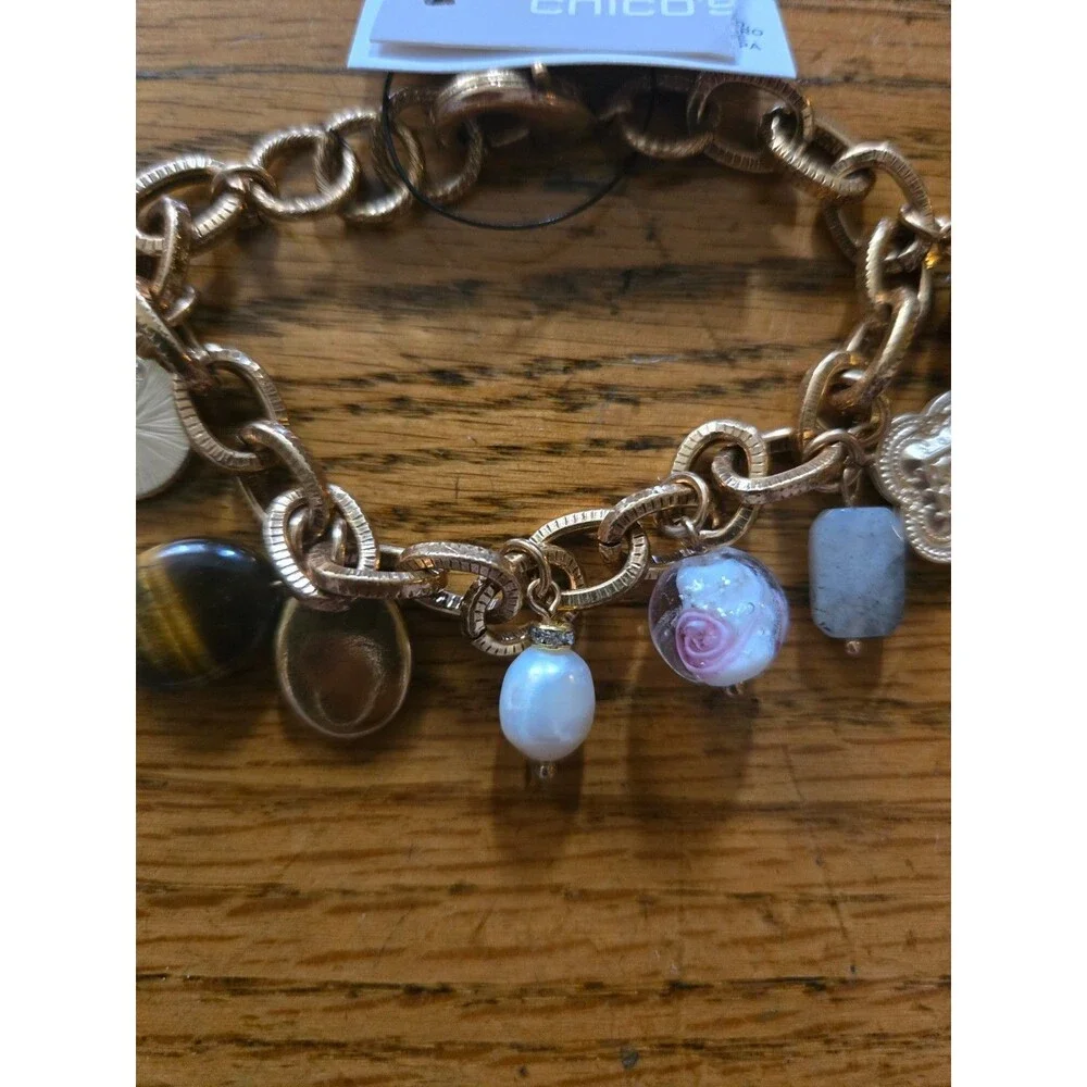 Chico's Gold Tone Multi Charm Chain Bracelet Bead Crystal Women's - Picture 2 of 6